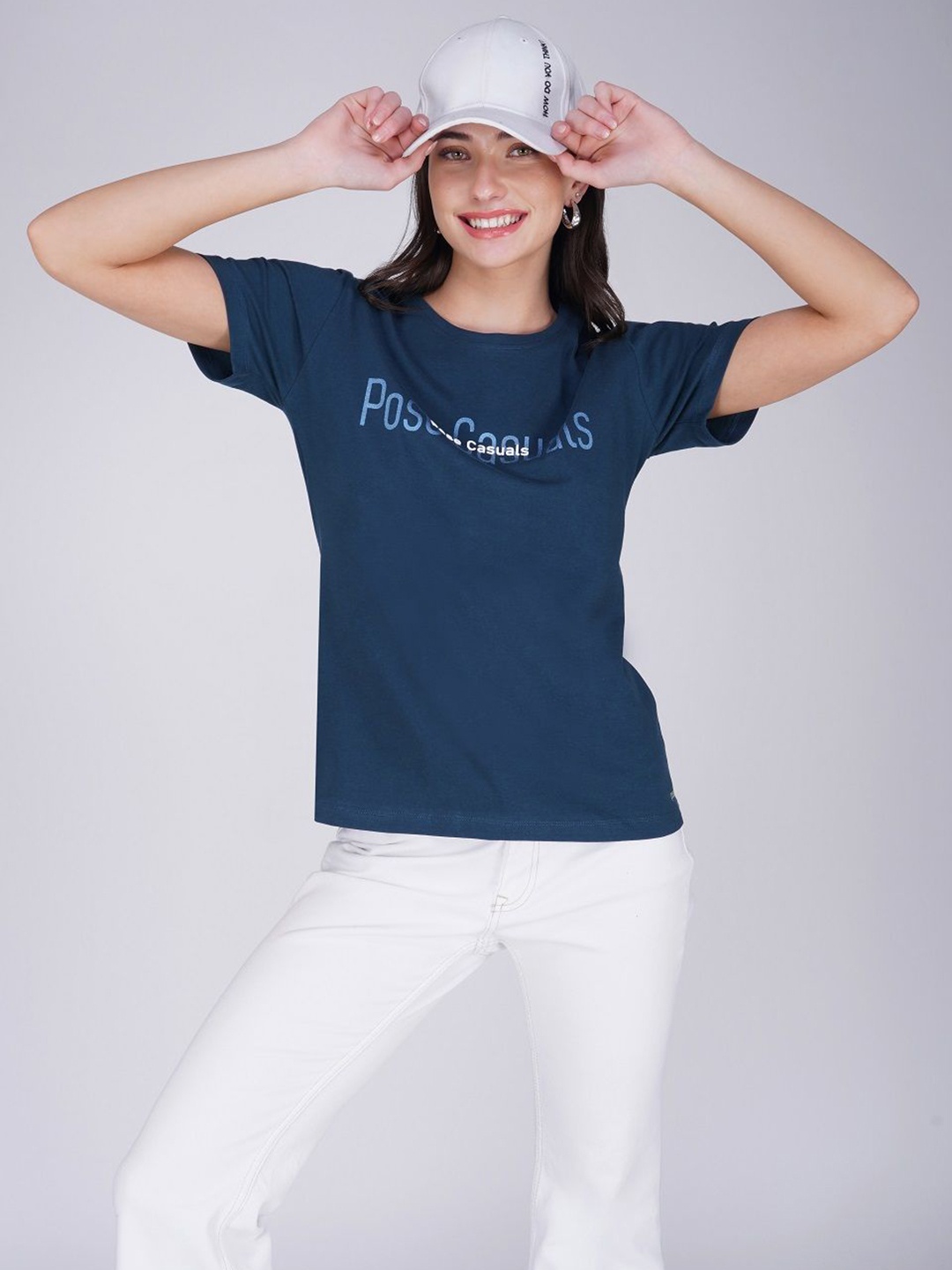 

POSE CASUALS Women Typography Printed Round Neck Cotton T-shirt, Blue