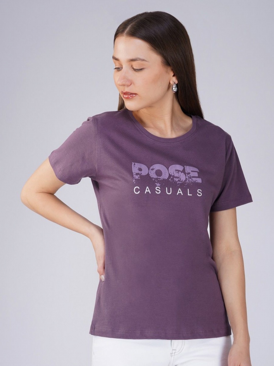

POSE CASUALS Women Typography Printed Round Neck Cotton T-shirt, Purple