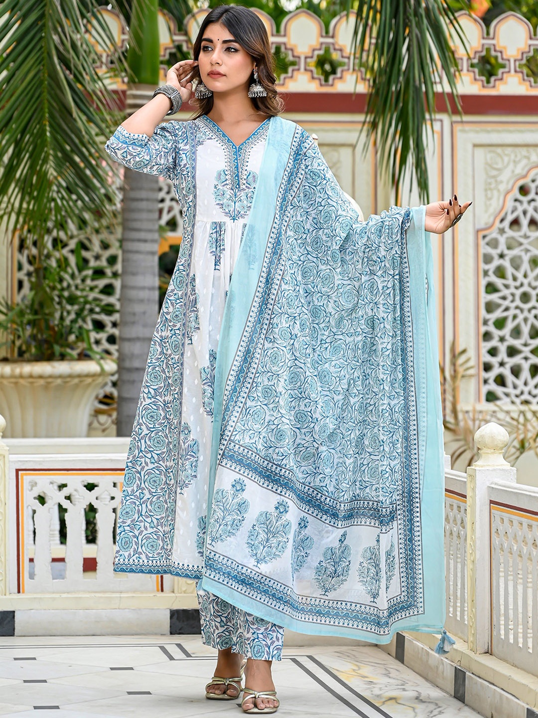 

SINSINI Floral Printed Pleated Sequinned Pure Cotton A-Line Kurta With Trouser & Dupatta, Blue