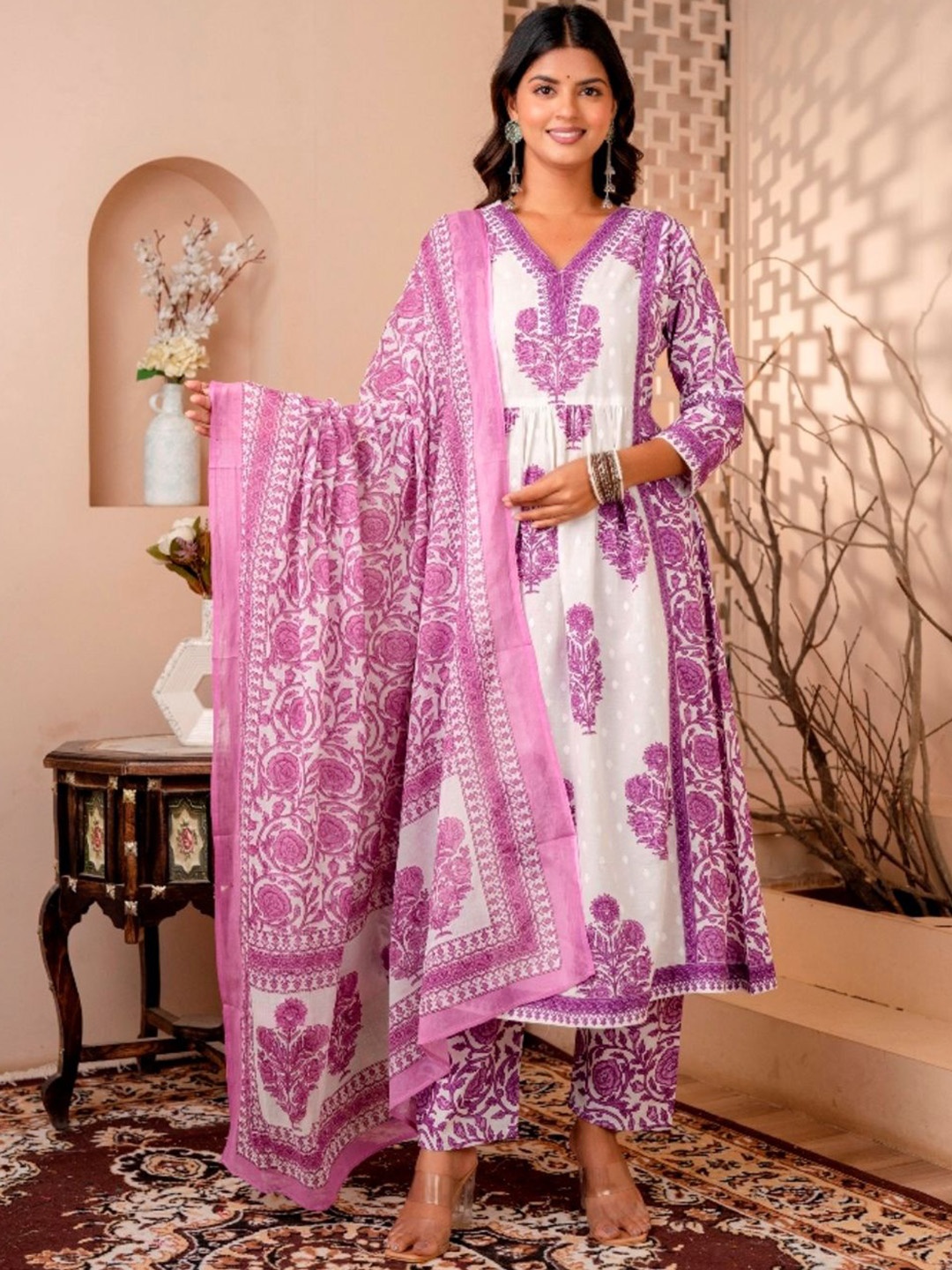 

SINSINI Floral Printed Pleated V-Neck Pure Cotton A-Line Kurta With Trouser & Dupatta, Purple