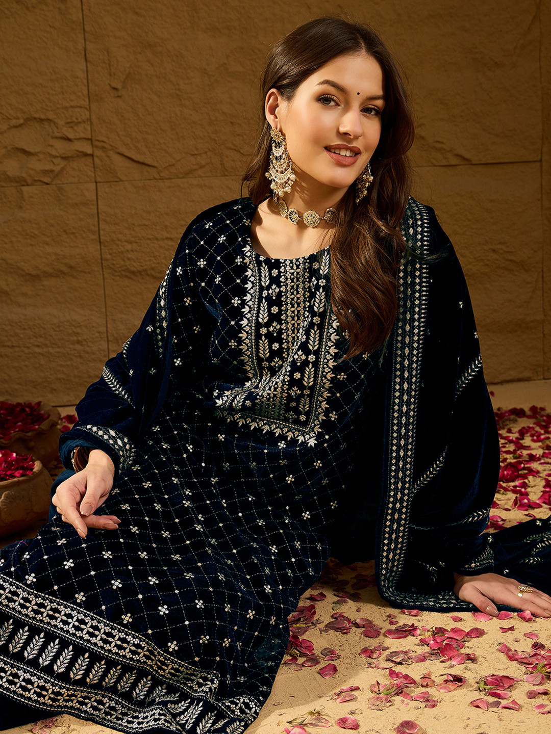 

AHIKA Blue Floral Embroidered Sequinned Velvet Straight Kurta With Trousers & Dupatta