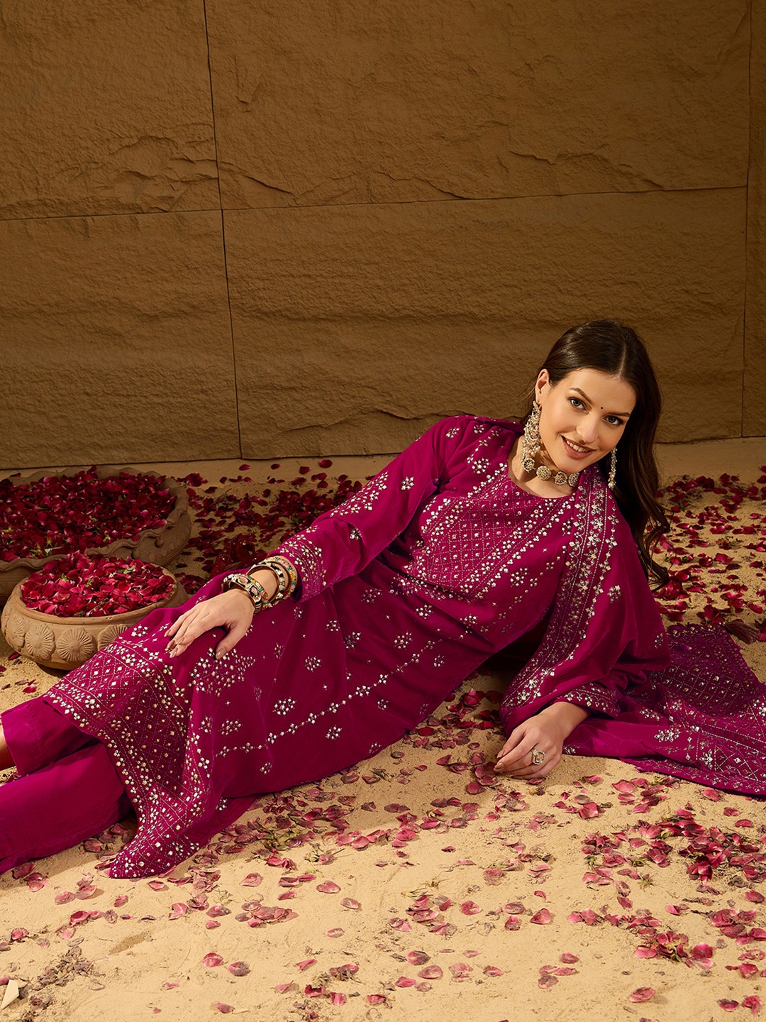 

AHIKA Pink Floral Embroidered Sequinned Velvet Straight Kurta With Trousers & Dupatta