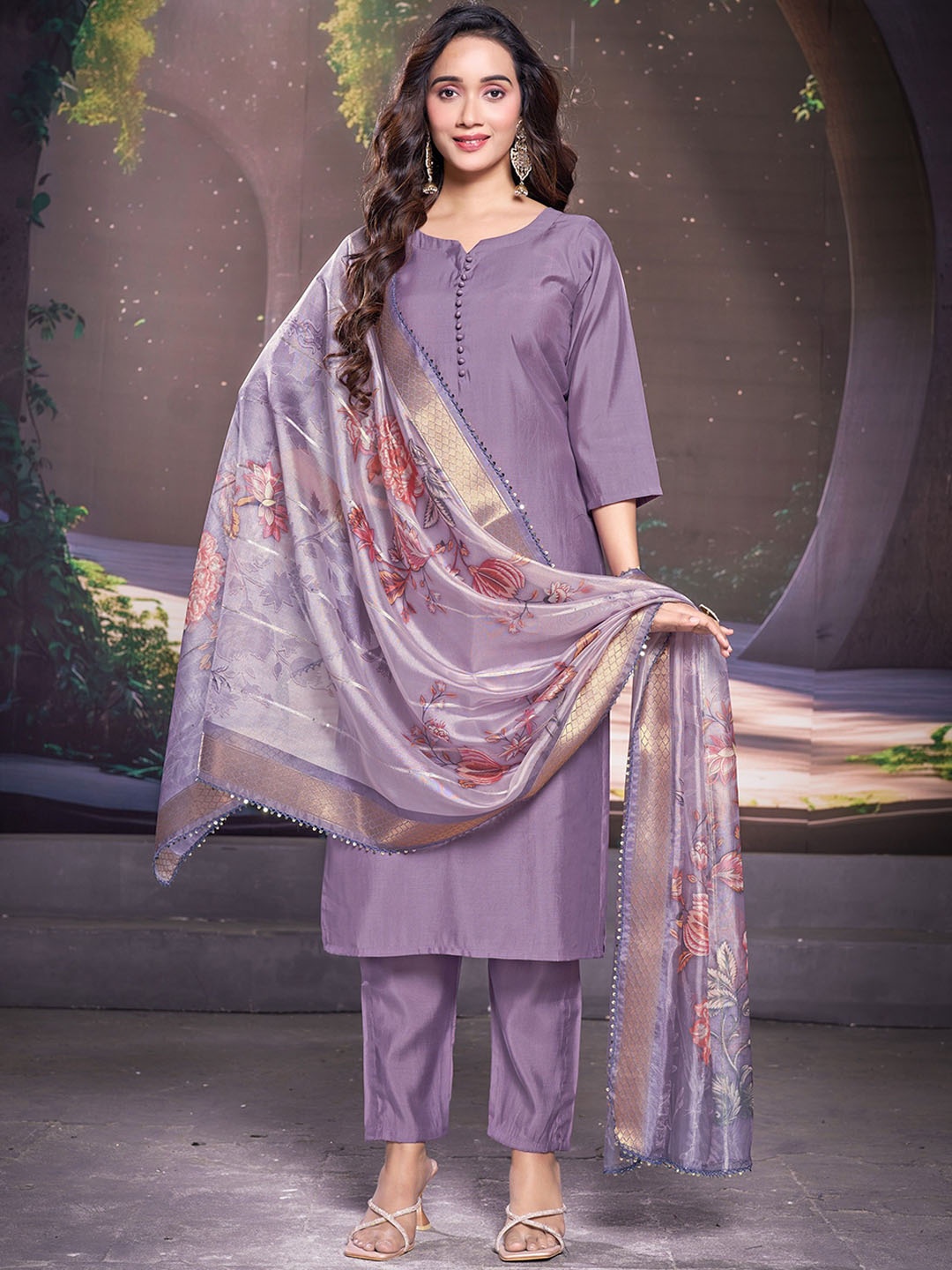 

KALINI Notch Neck Straight Kurta With Trousers And Dupatta, Lavender