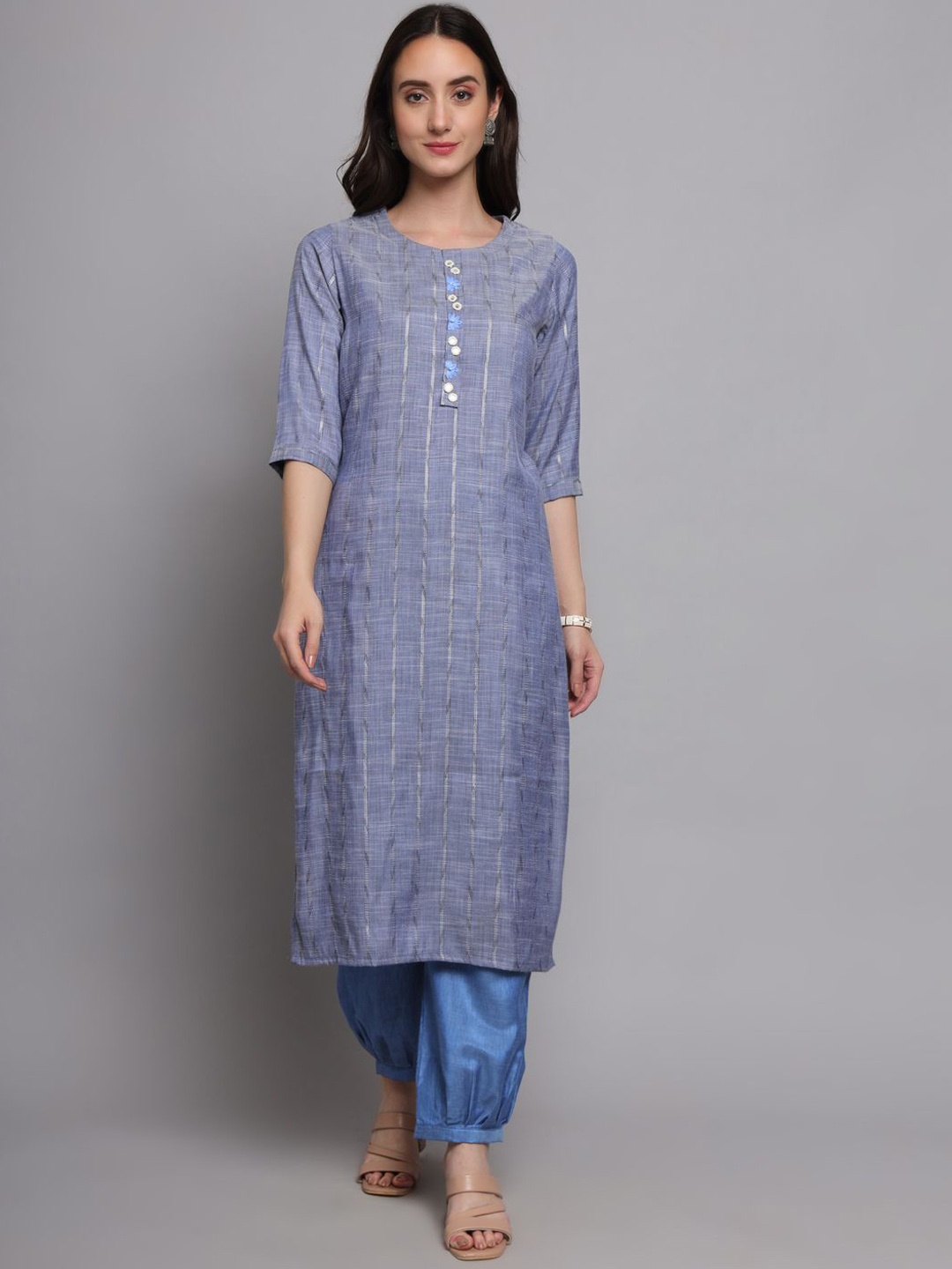 

INVAGA FASHION Striped Mirror Work Straight Kurta With Salwar, Blue