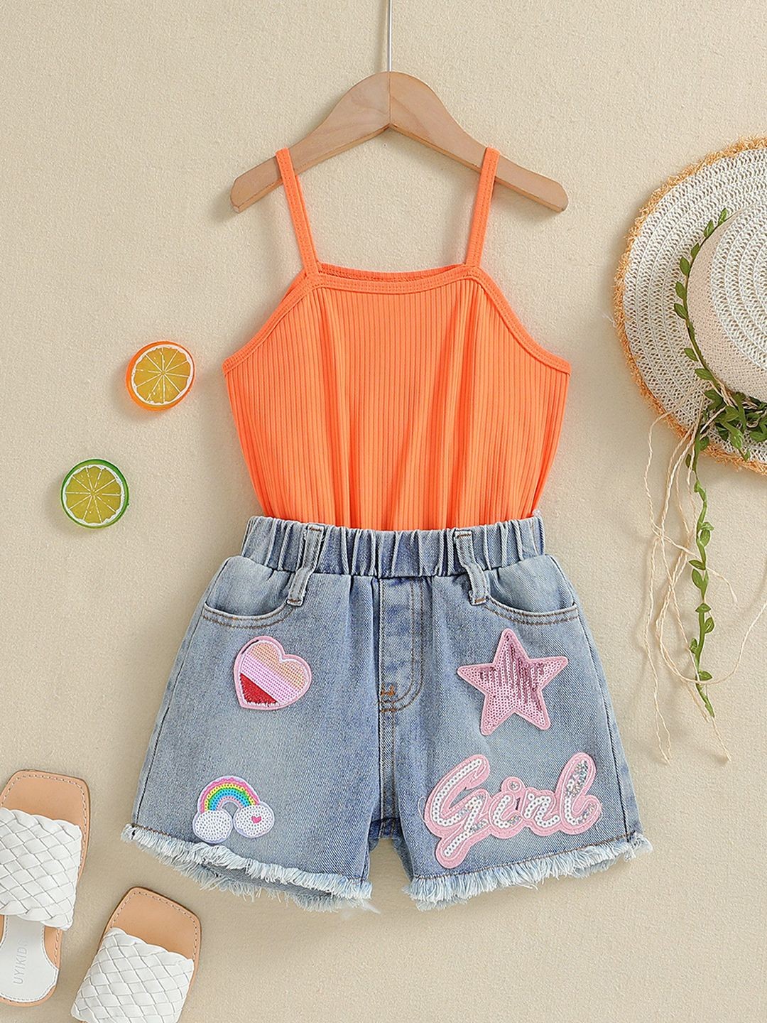 

YK Girls Shoulder Strap Top with Shorts, Orange