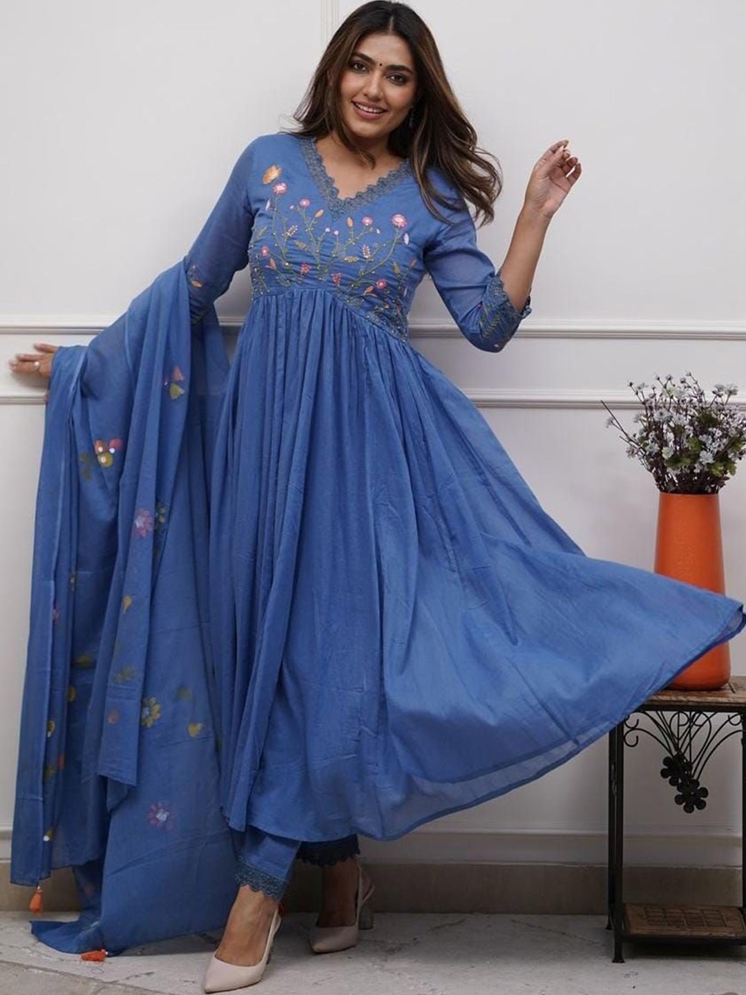 

VASUPRADA Floral Yoke Design Empire Thread Work Pure Cotton Kurta With Trousers & Dupatta, Blue