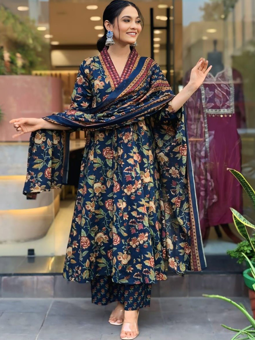 

VASUPRADA Floral Printed Sequinned Pure Cotton A-Line Kurta With Palazzo & Dupatta, Blue