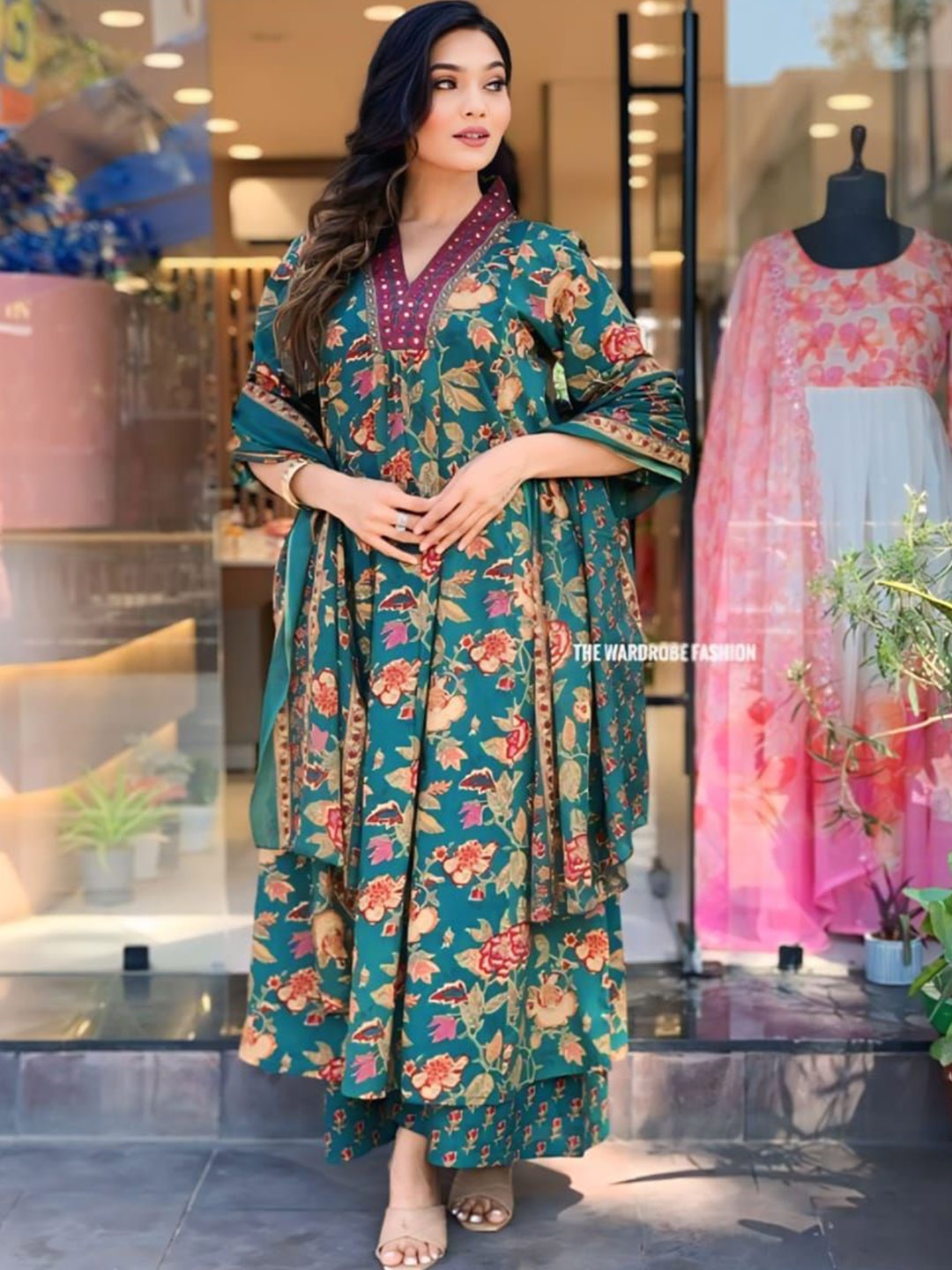 

VASUPRADA Floral Printed Sequinned Pure Cotton A-Line Kurta With Palazzo & Dupatta, Green