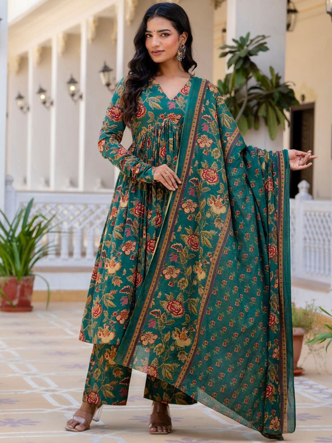 

VASUPRADA Floral Printed Empire Pure Cotton Anarkali Kurta With Palazzo & Dupatta, Green