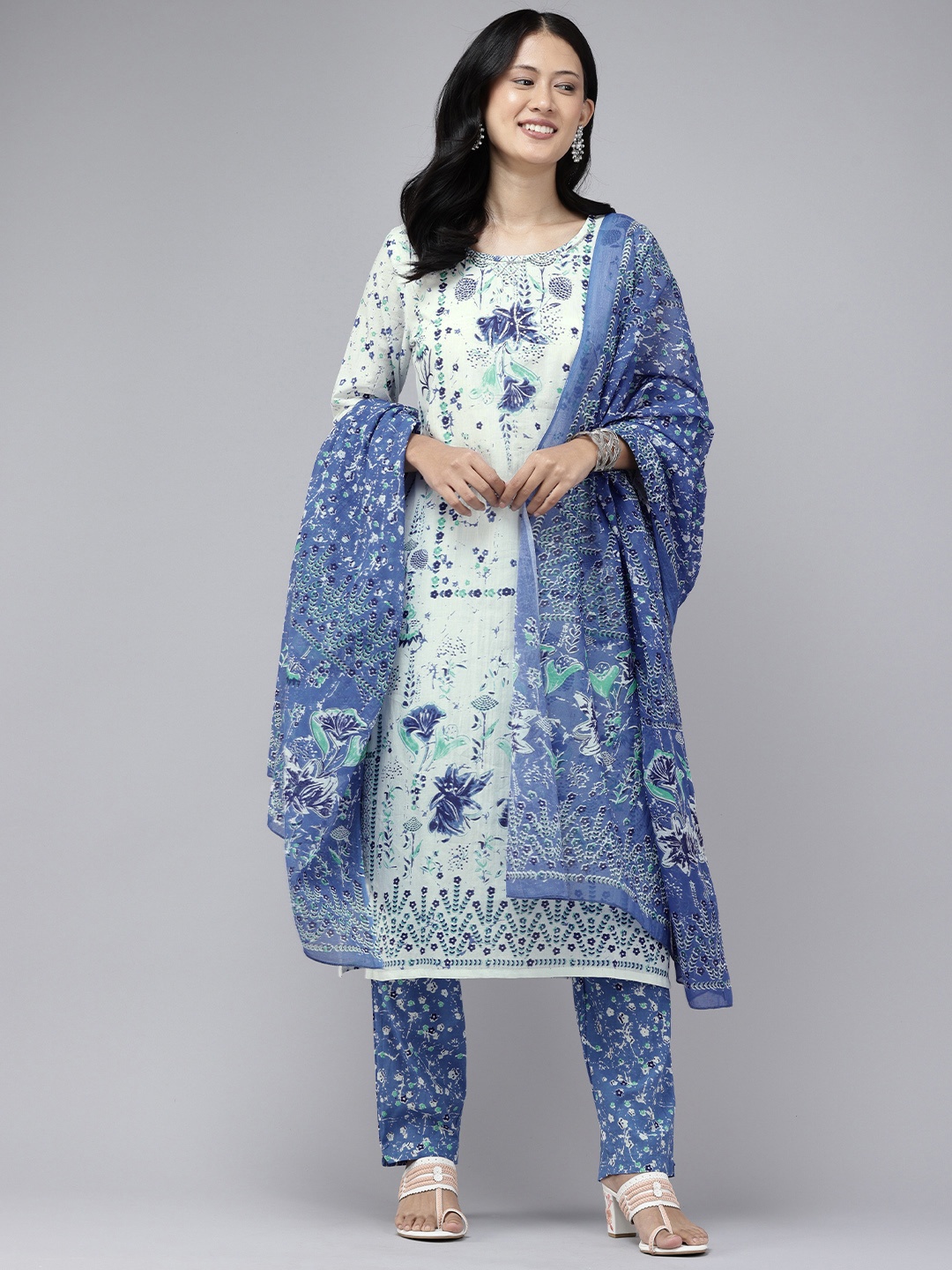 

Stellaxmi 24 Floral Printed Beads & Stones Kurta with Trousers & Dupatta, Blue