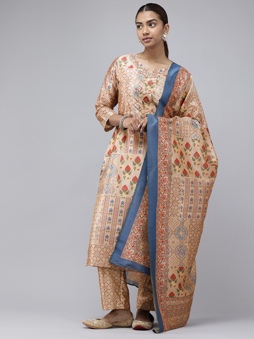 

Stellaxmi 24 Floral Printed Gotta Patti Kurta with Trousers & Dupatta, Beige