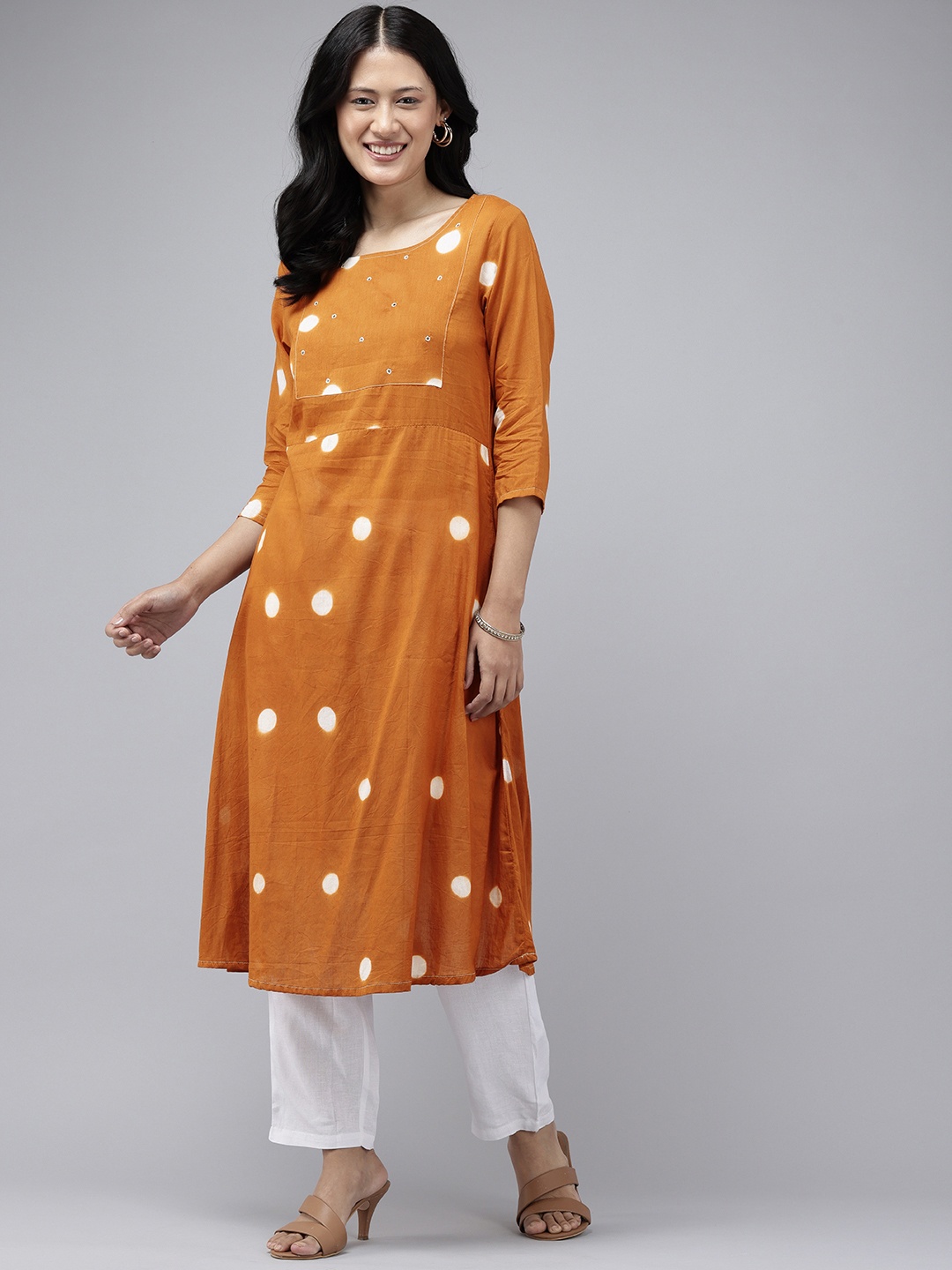 

Stellaxmi 24 Women Polka Dot Printed Mirror Work Kurta, Mustard