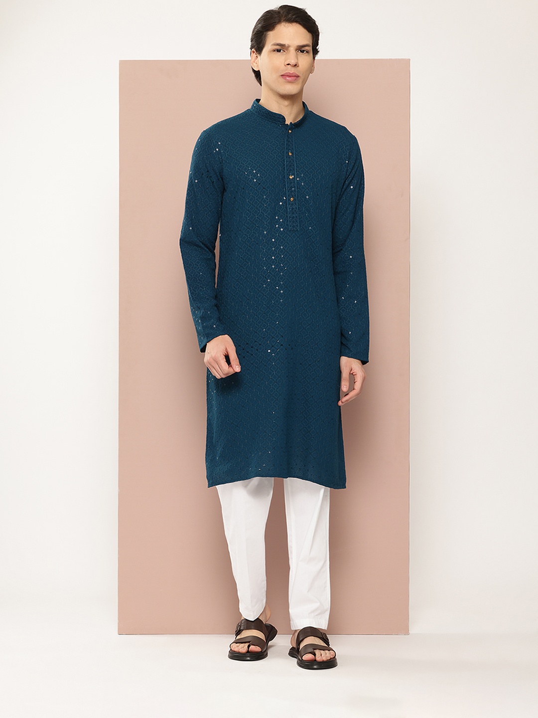 

See Designs Men Embroidered Regular Sequinned Kurta with Pyjamas, Navy blue