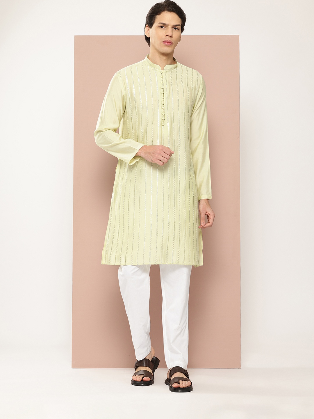 

See Designs Men Embroidered Regular Sequinned Chanderi Silk Kurta with Pyjamas, Green