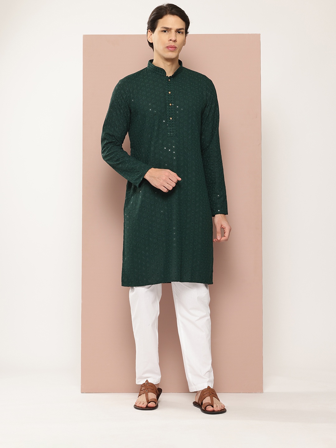 

See Designs Men Embroidered Sequinned Kurta with Pyjamas, Green