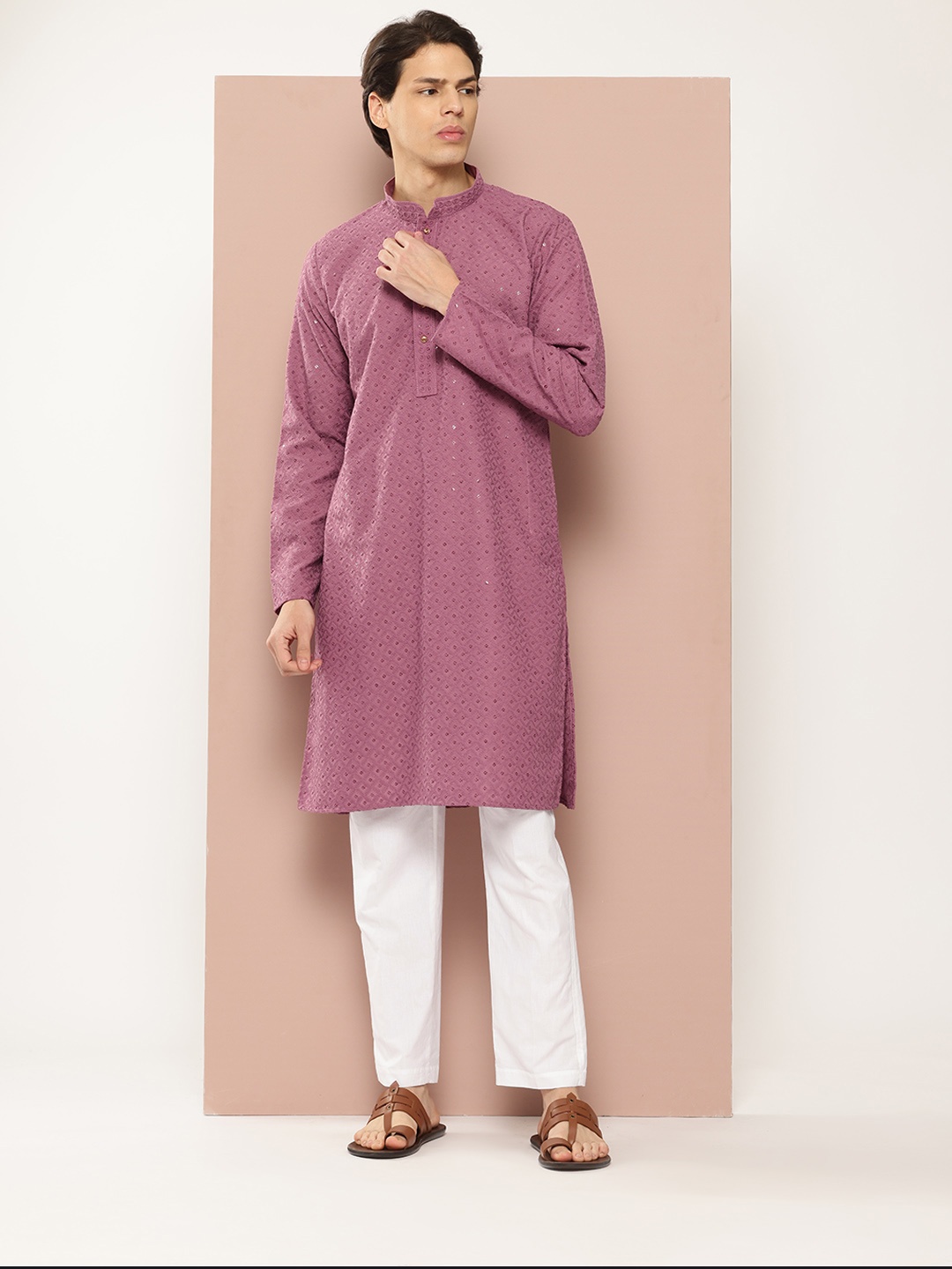 

See Designs Men Embroidered Sequinned Kurta with Pyjamas, Pink