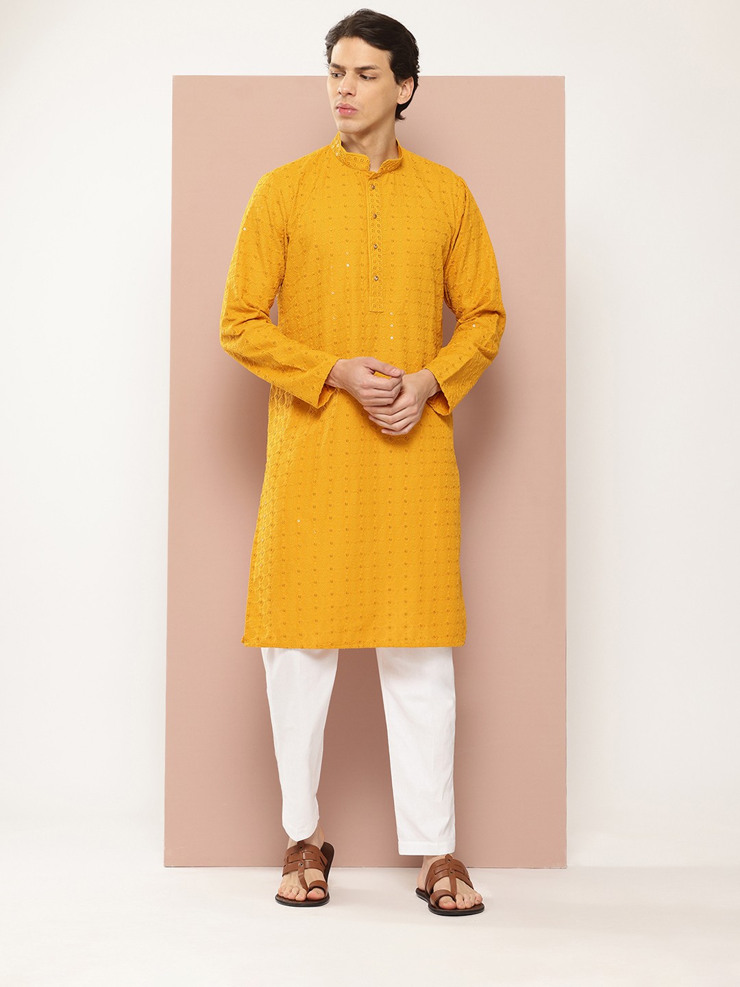 

See Designs Embroidered Sequinned Kurta with Pyjamas, Mustard
