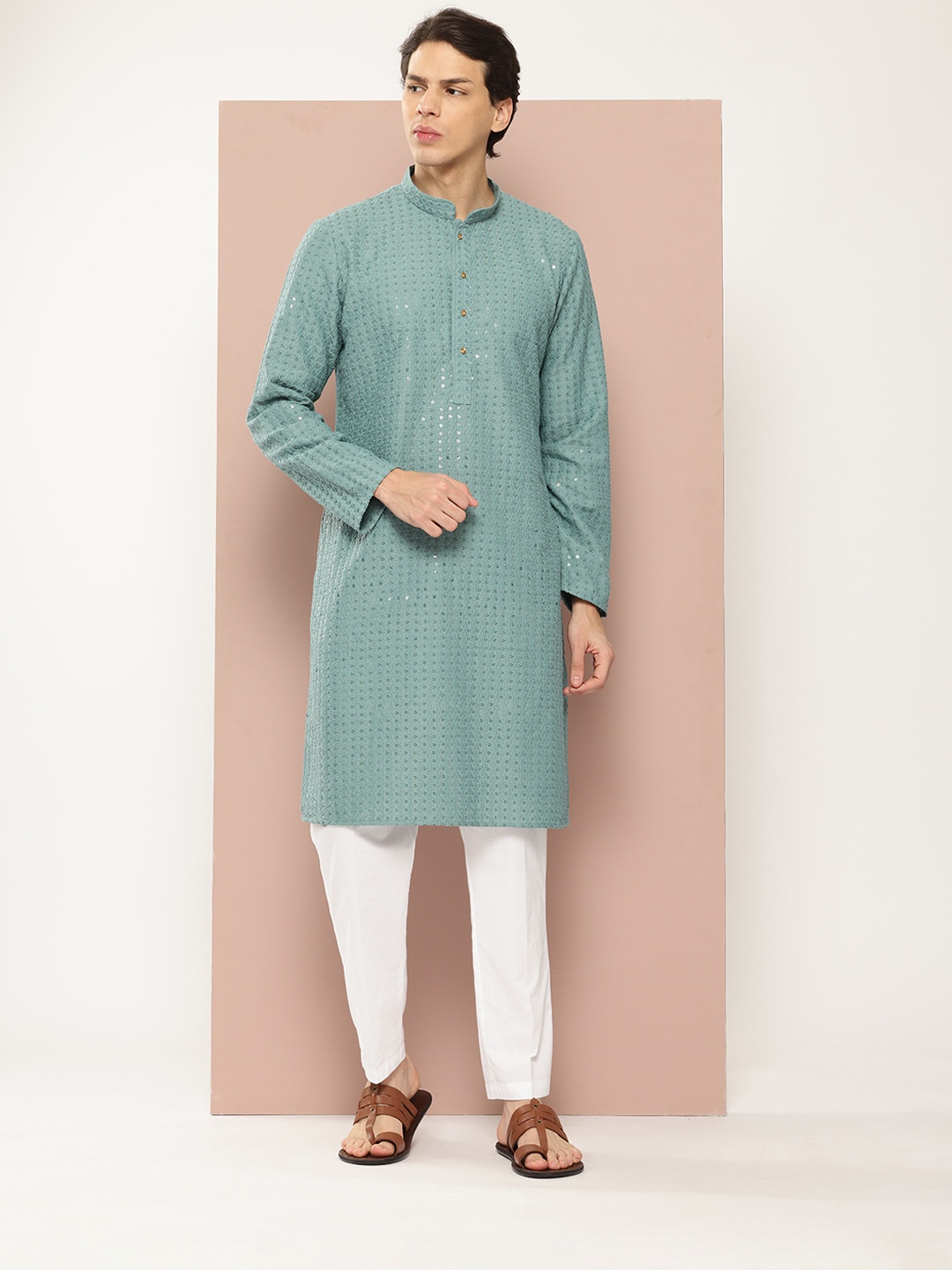 

See Designs Embroidered Sequinned Kurta with Pyjamas, Turquoise blue