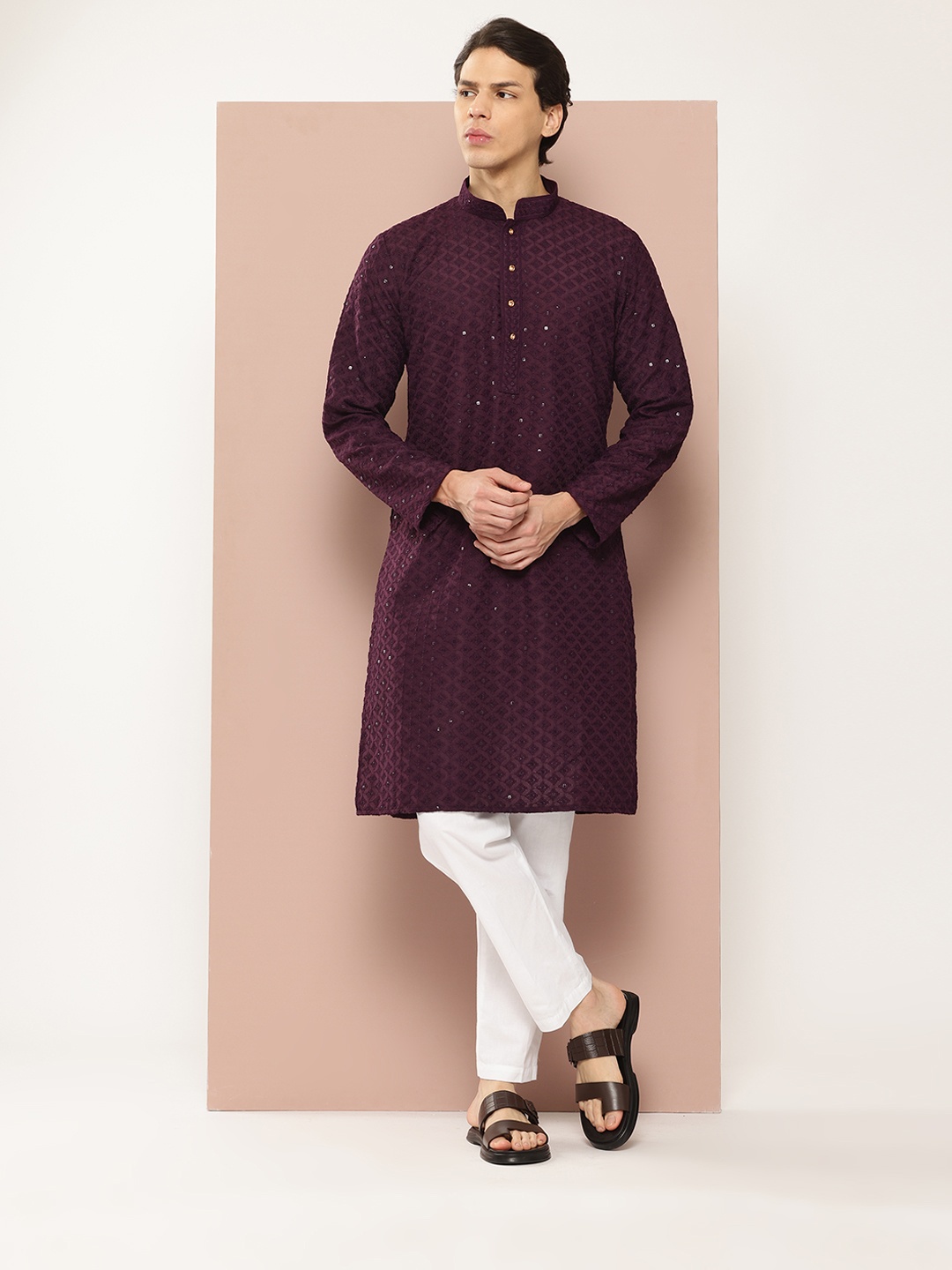 

See Designs Men Embroidered Sequinned Kurta with Pyjamas, Purple
