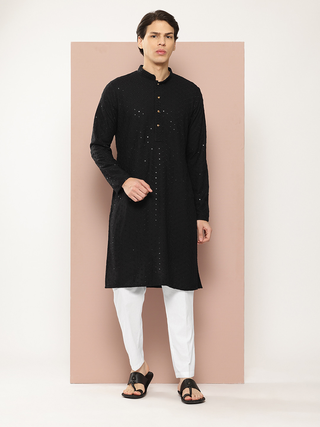 

See Designs Men Embroidered Sequinned Kurta with Pyjamas, Black