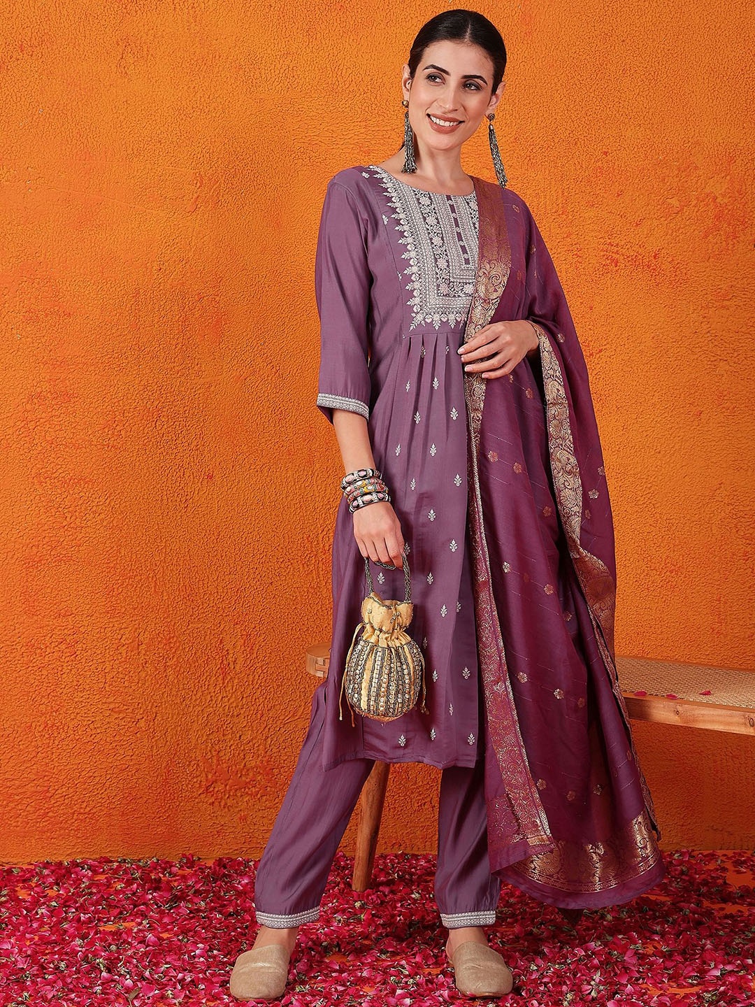

Ariya Prints Women Ethnic Motifs Regular Kurta with Trousers & With Dupatta, Purple