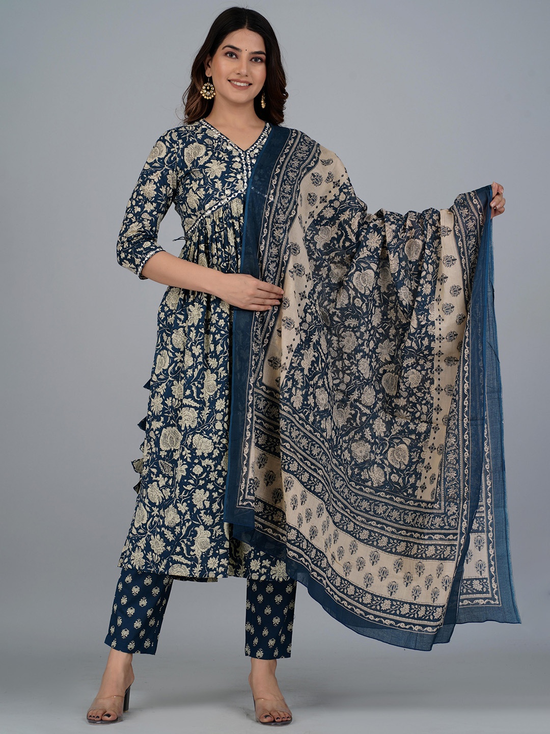 

Mishree Collection Women Floral Printed Empire Mirror Work Pure Cotton Kurta with Trousers & With Dupatta, Blue