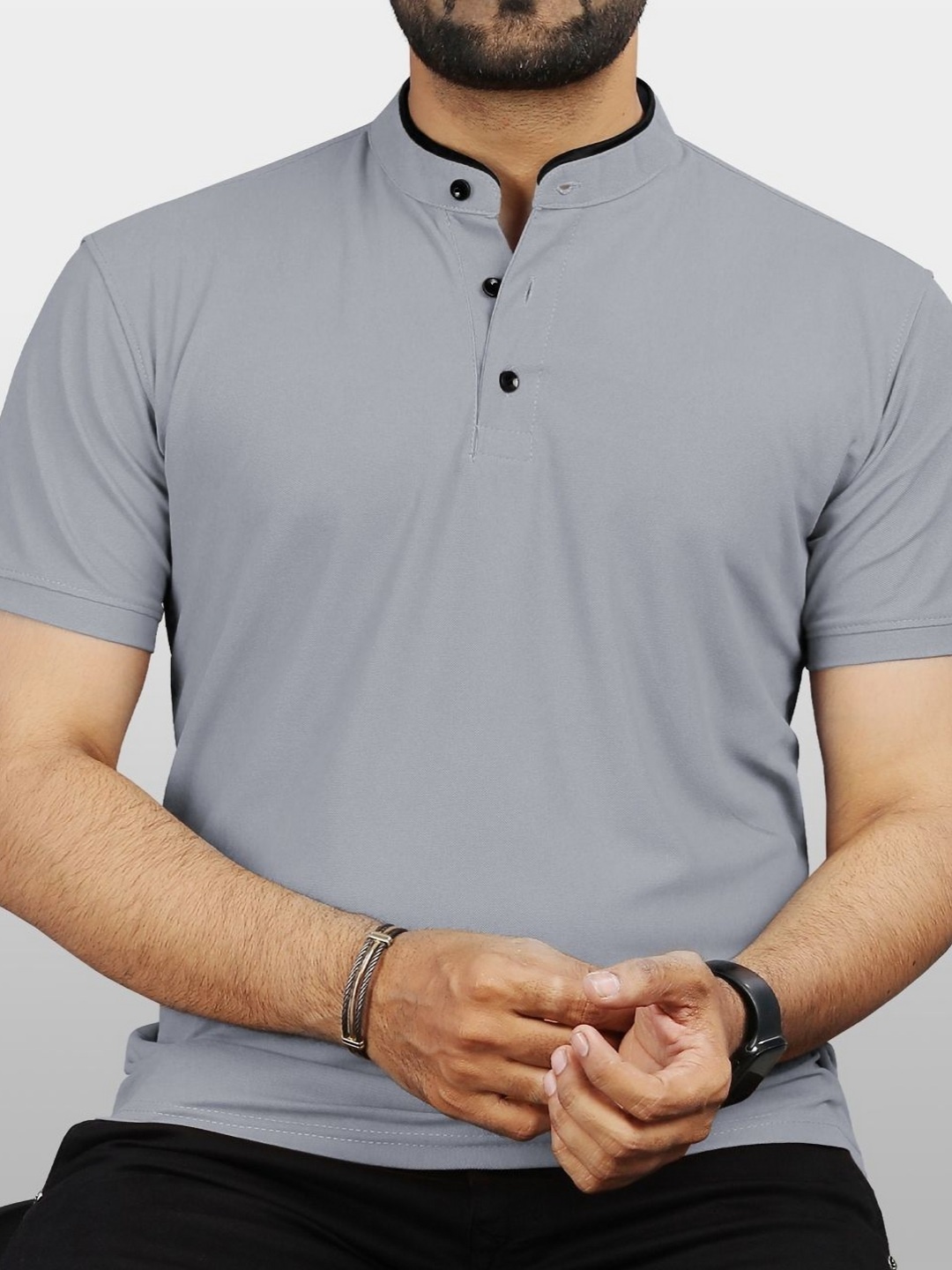 

VeBNoR Men Solid Mandarin Collar Casual T-shirt, Grey