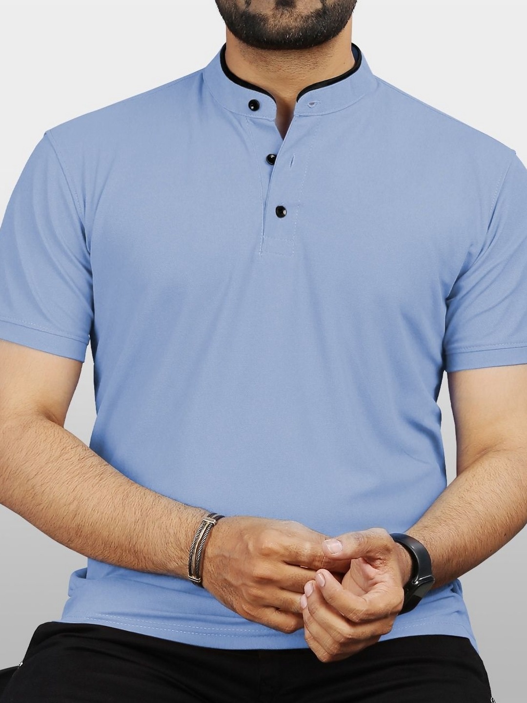 

VeBNoR Men Solid Mandarin Collar Casual T-shirt, Blue