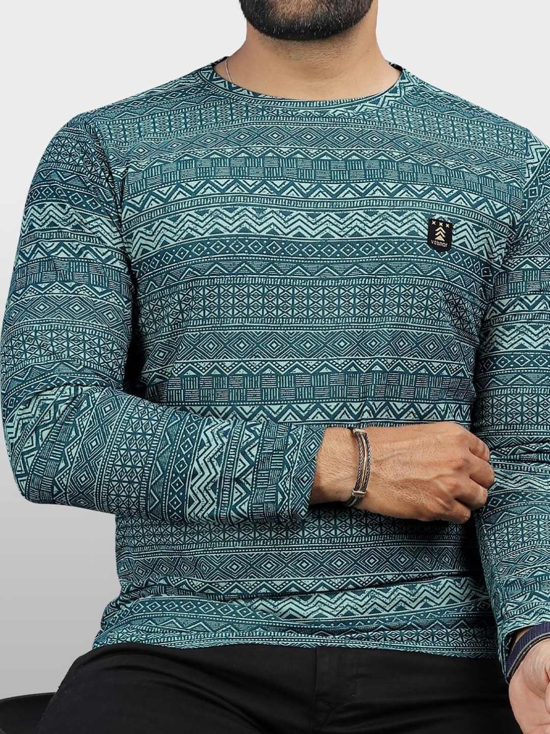 

VeBNoR Men Tribal Printed Round Neck Casual T-shirt, Blue