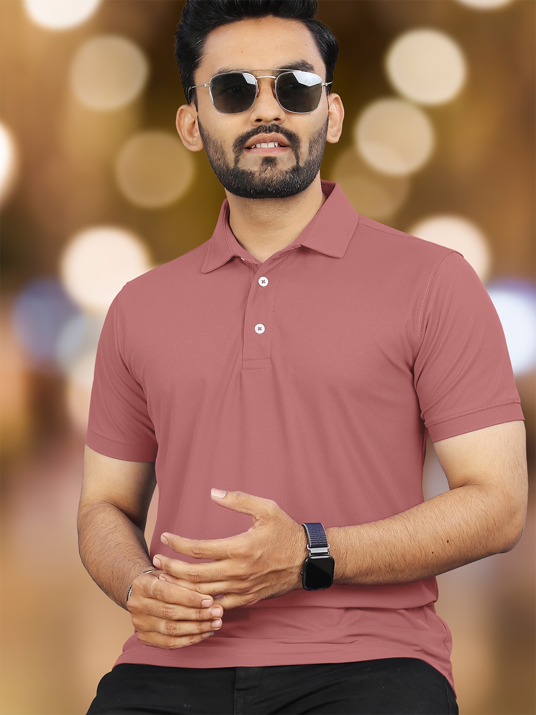 

VeBNoR Men Solid Polo Collar Casual T-shirt, Peach