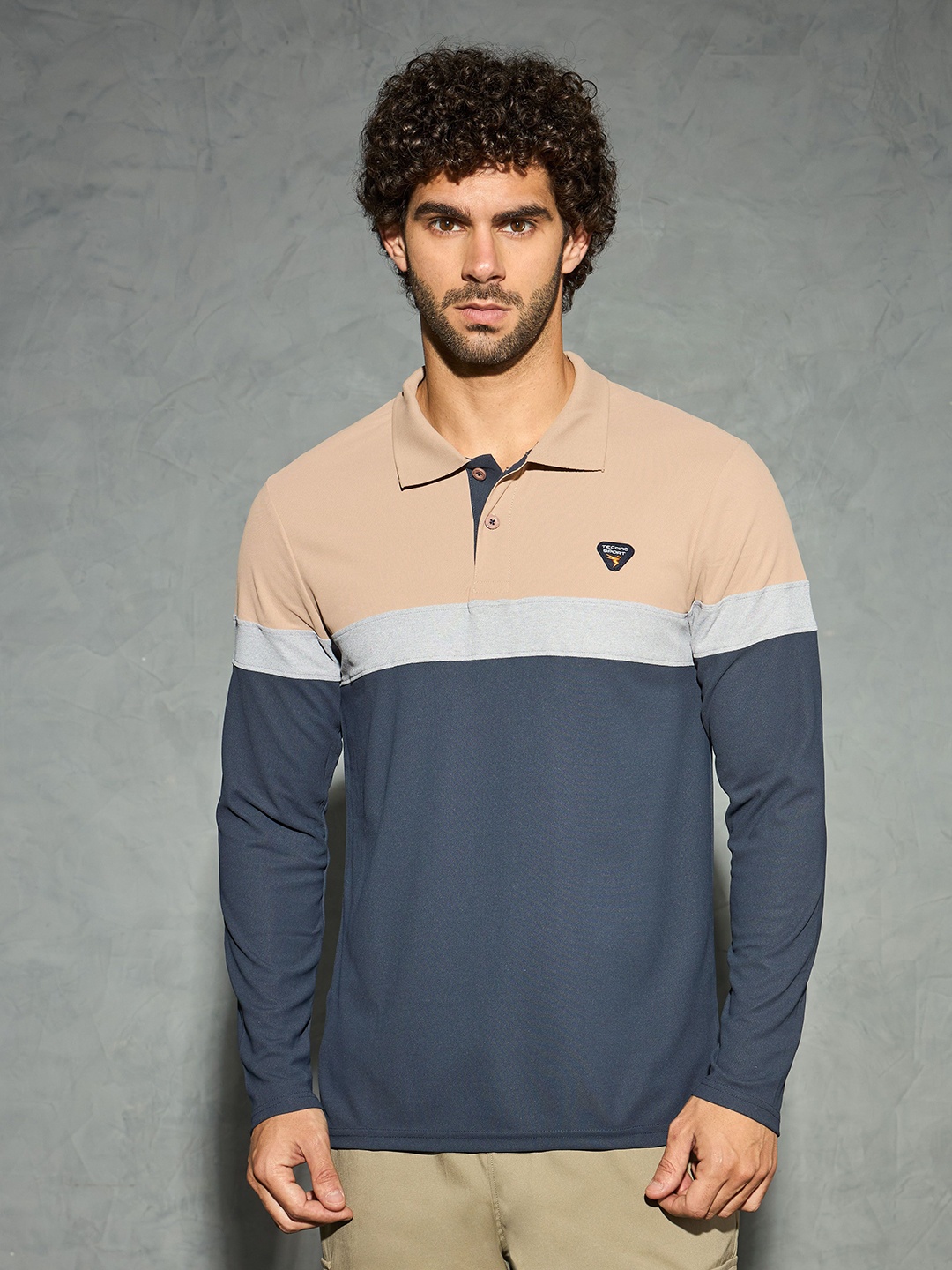 

Technosport Men MATPIQ Colourblocked Polo Collar Antimicrobial Slim Fit Sport T-shirt, Beige