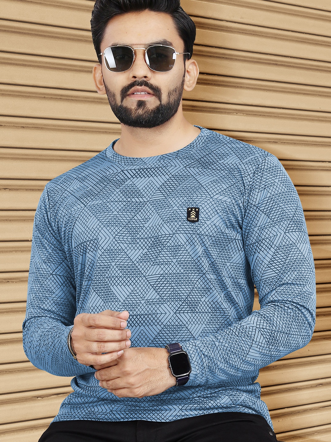 

VeBNoR Men Geometric Printed Round Neck Casual T-shirt, Blue