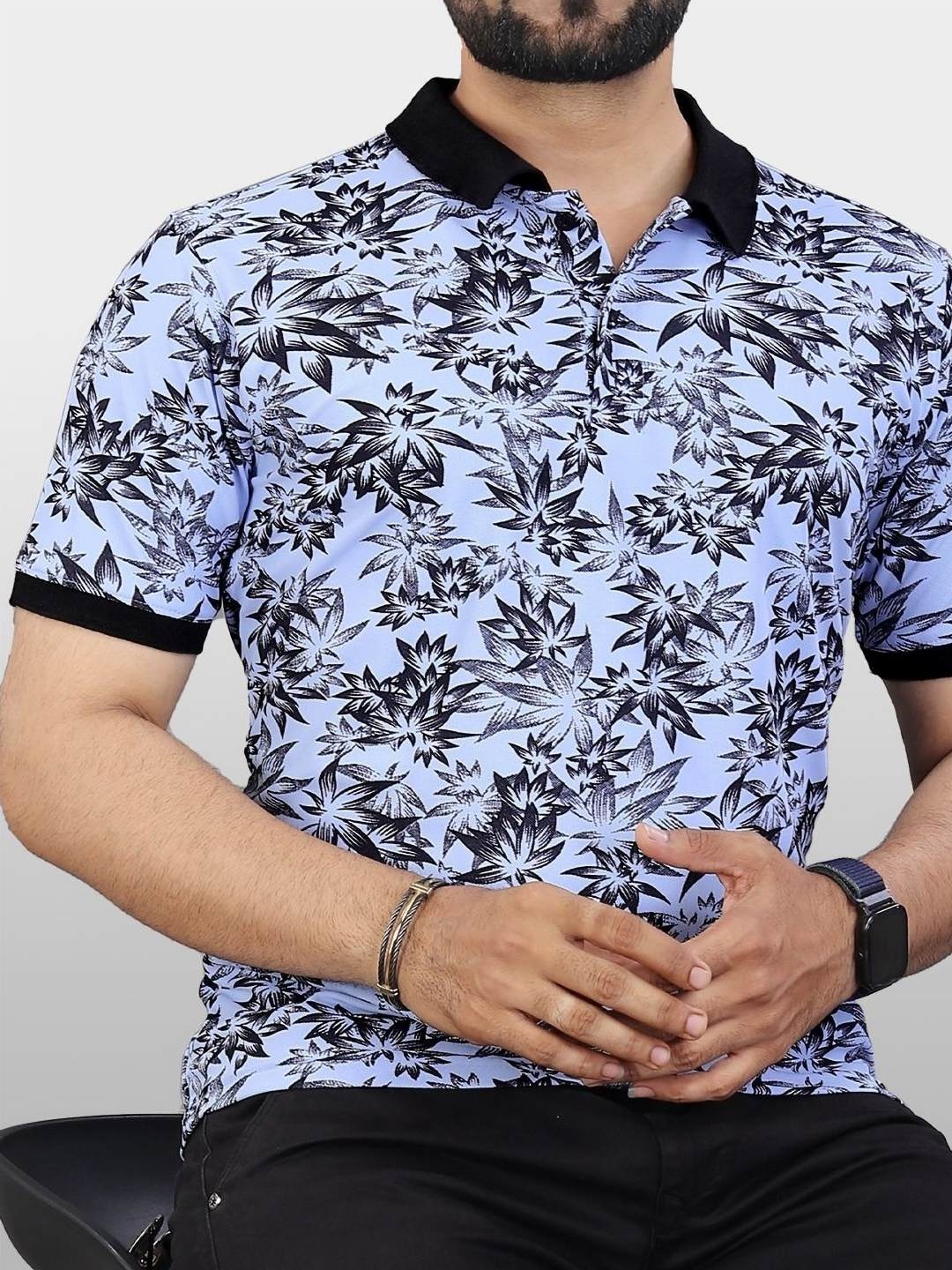 

VeBNoR Men Floral Printed Polo Collar Casual T-shirt, Blue