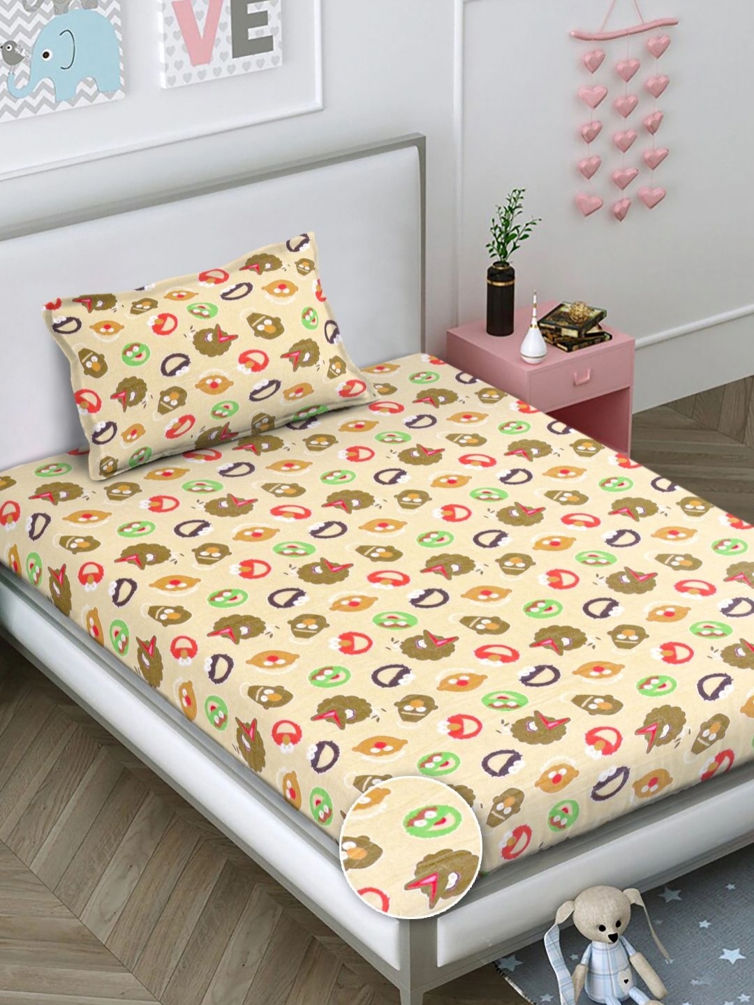 

FABINALIV Cream-Coloured Cartoon Characters 300 TC Single Bedsheet with 1 Pillow Covers