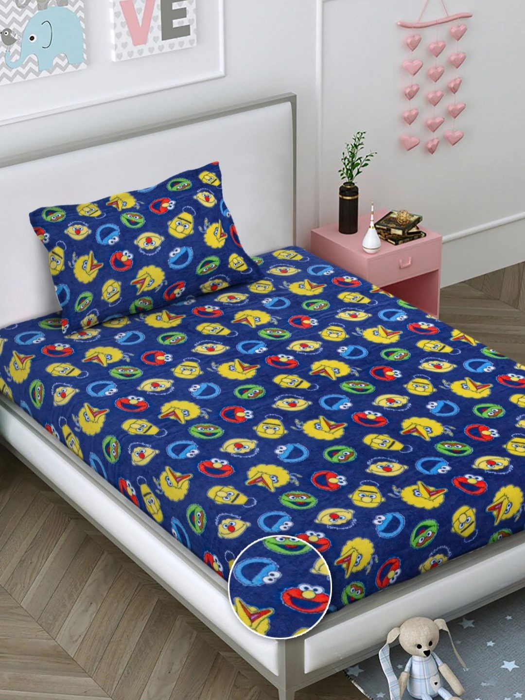 

FABINALIV Blue & Yellow Cartoon Characters 300 TC Single Bedsheet with 1 Pillow Covers