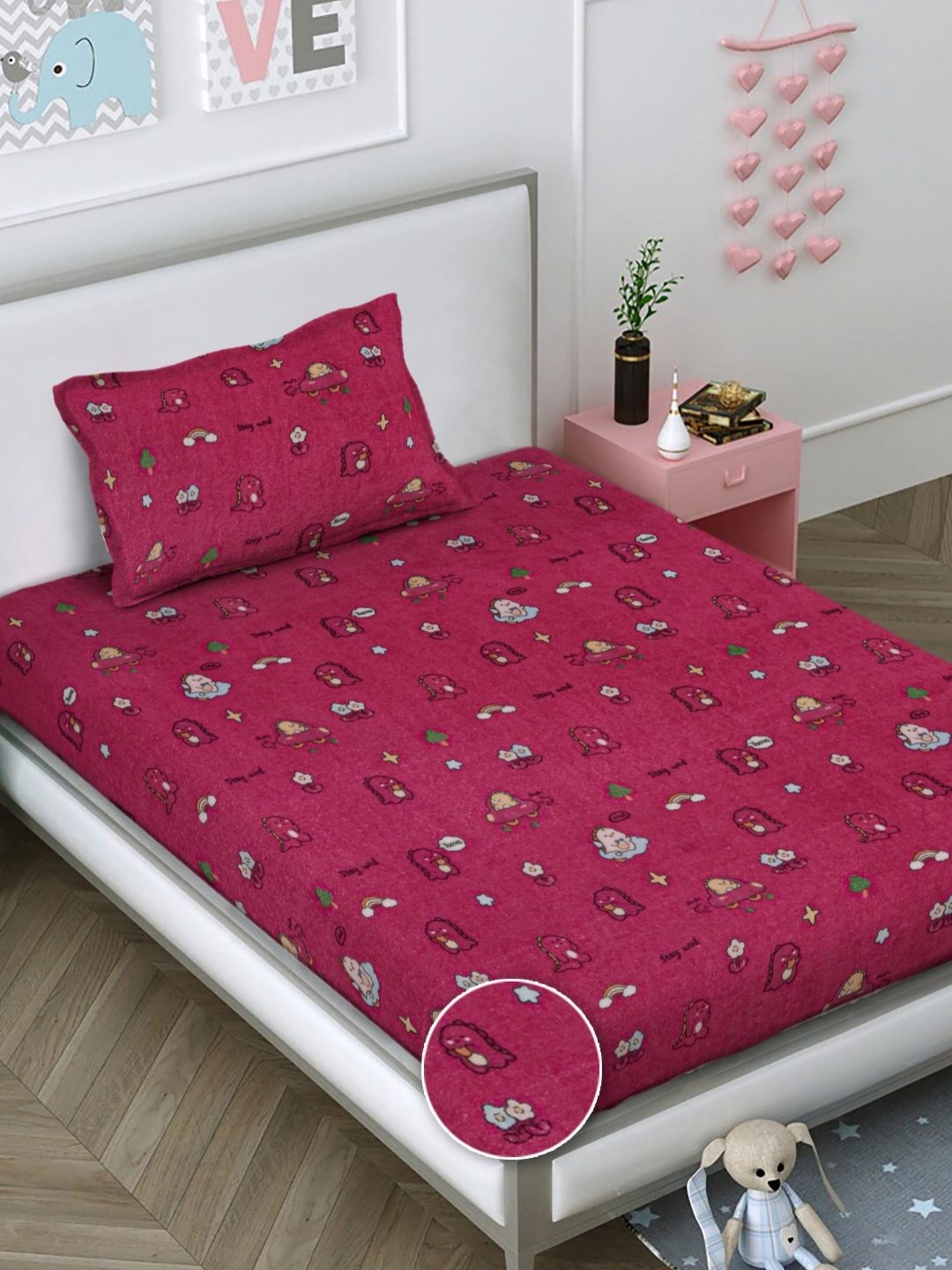 

FABINALIV Pink & Blue Cartoon Characters 300 TC Single Bedsheet with 1 Pillow Covers