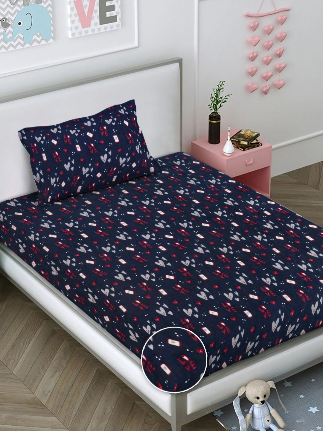 

FABINALIV Navy Blue & Red 300 TC Single Bedsheet with 1 Pillow Covers