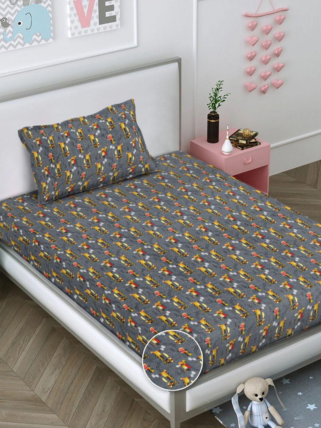 

FABINALIV Grey Cartoon Characters 300 TC Single Bedsheet with 1 Pillow Covers