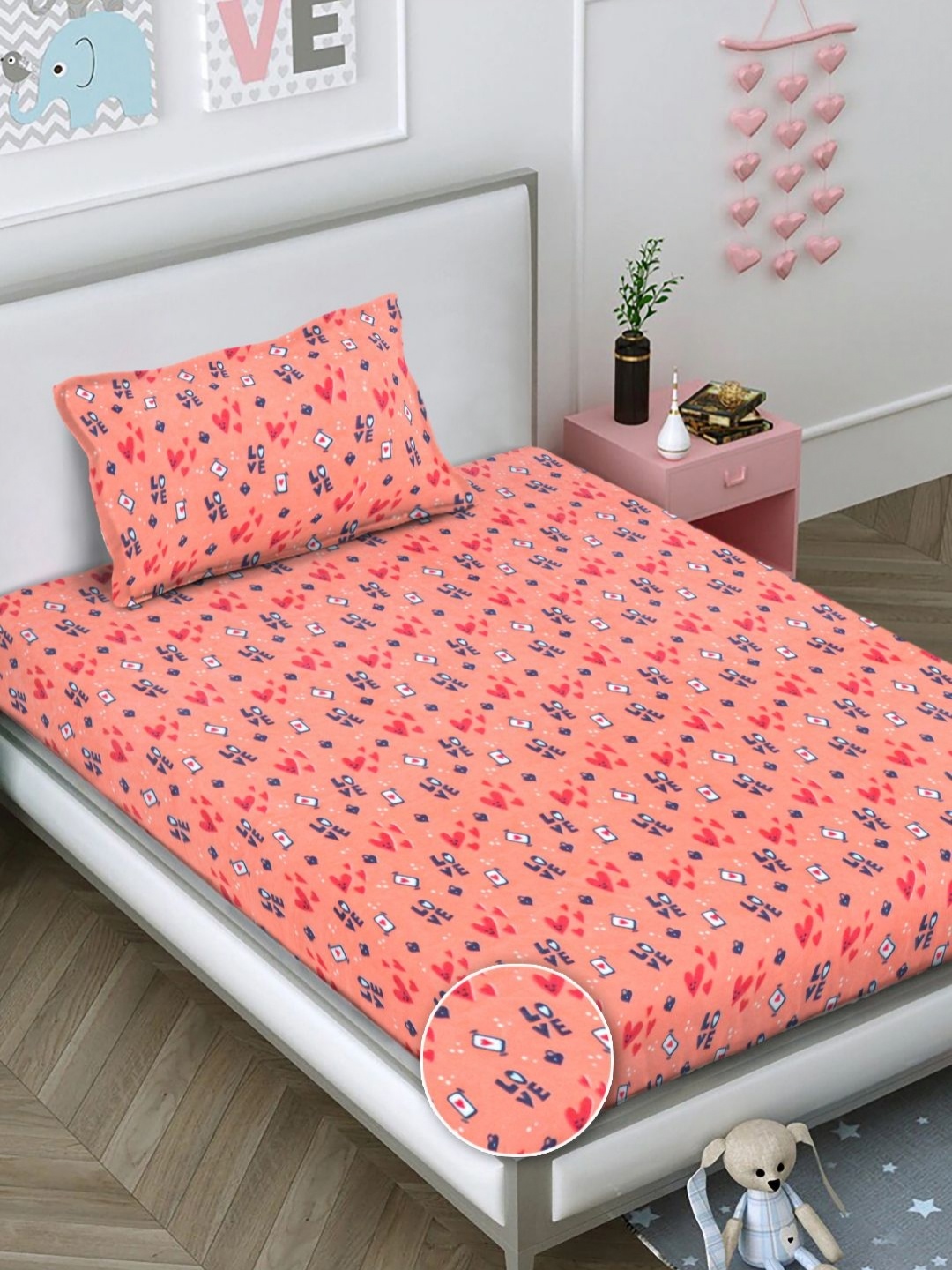 

FABINALIV Peach-Coloured & White 300 TC Single Bedsheet with 1 Pillow Covers