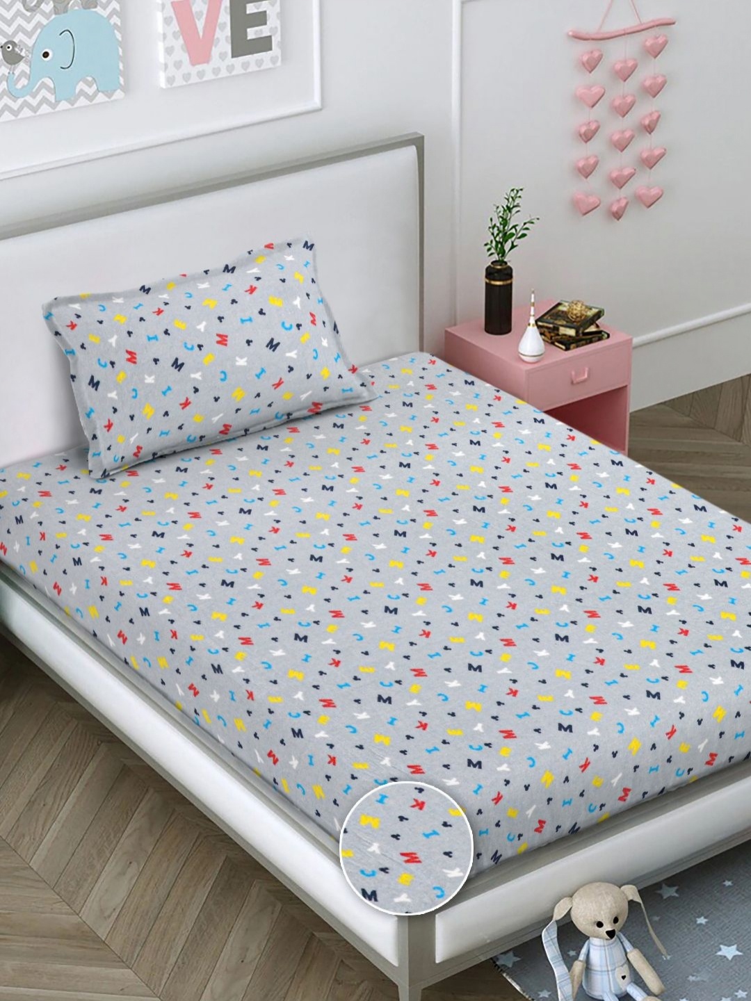 

FABINALIV Grey & Yellow Cartoon Characters 300 TC Single Bedsheet with 1 Pillow Covers