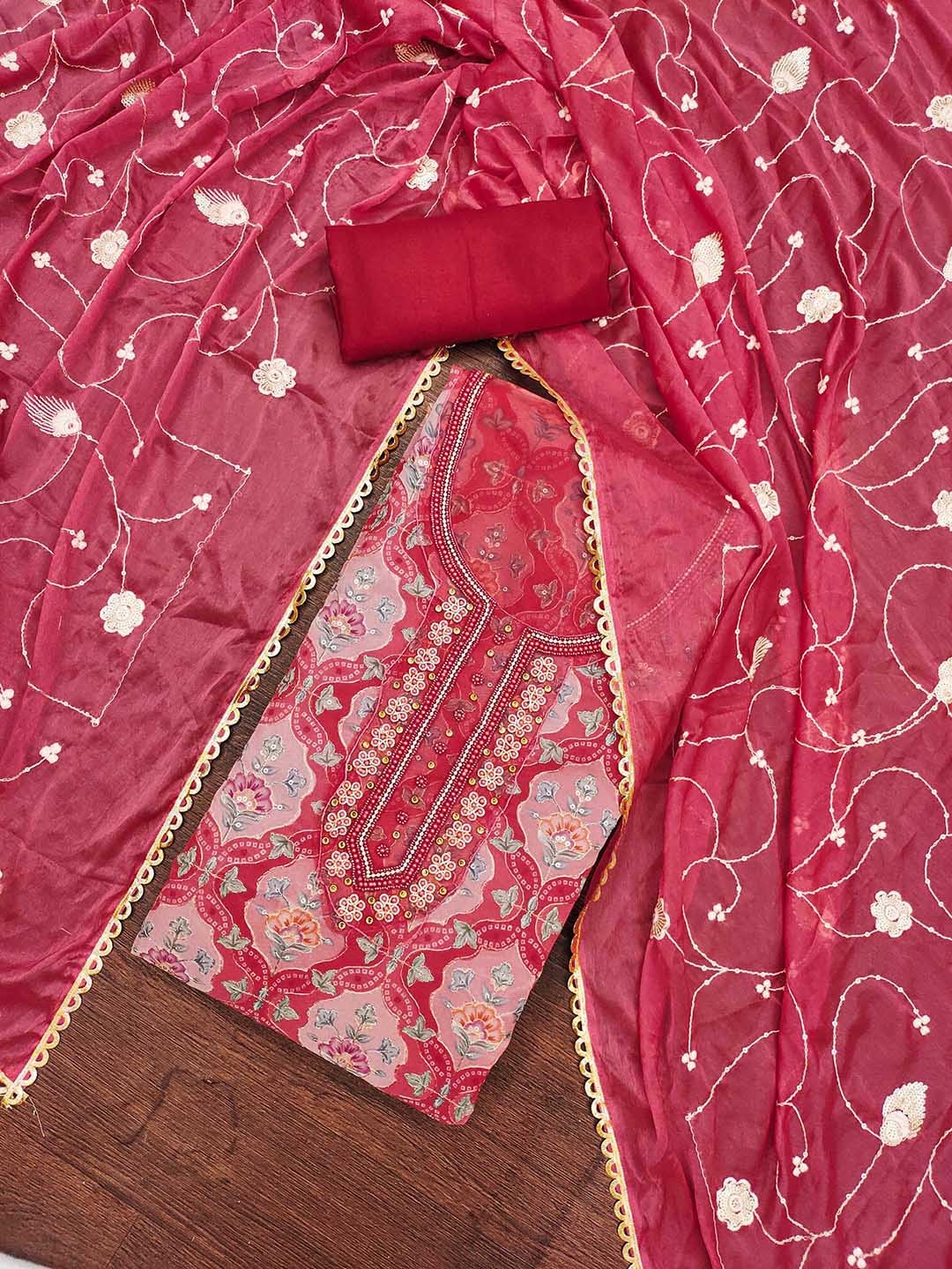 

KALINI Embroidered Organza Unstitched Dress Material, Red