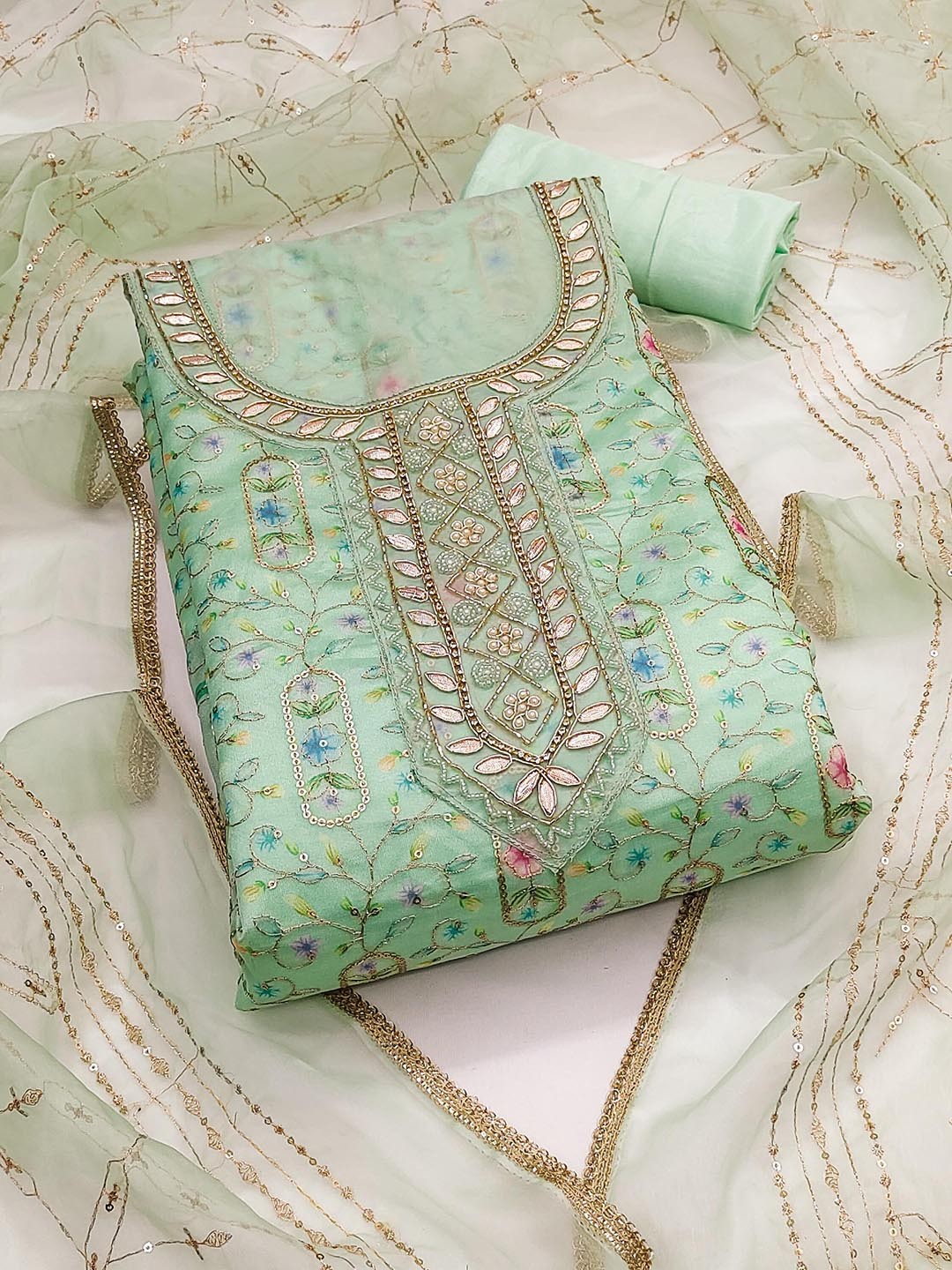 

KALINI Embroidered Organza Unstitched Dress Material, Green