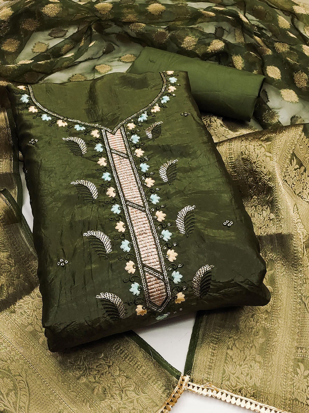 

KALINI Embroidered Pure Silk Unstitched Dress Material, Olive