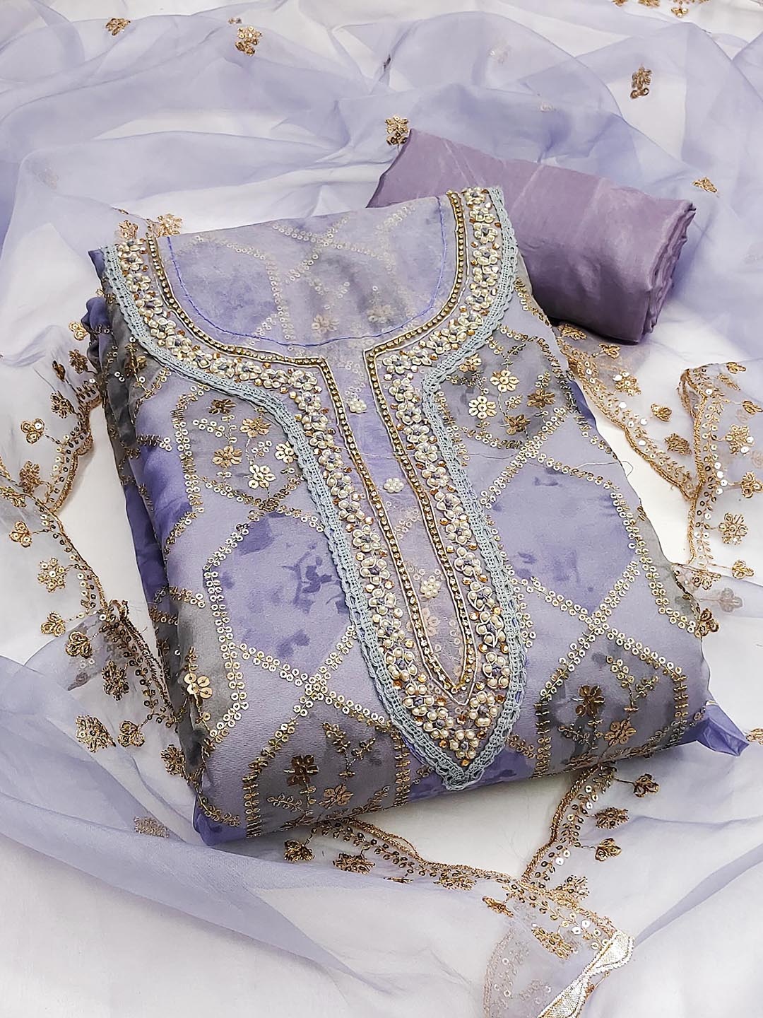 

KALINI Embroidered Organza Unstitched Dress Material, Lavender