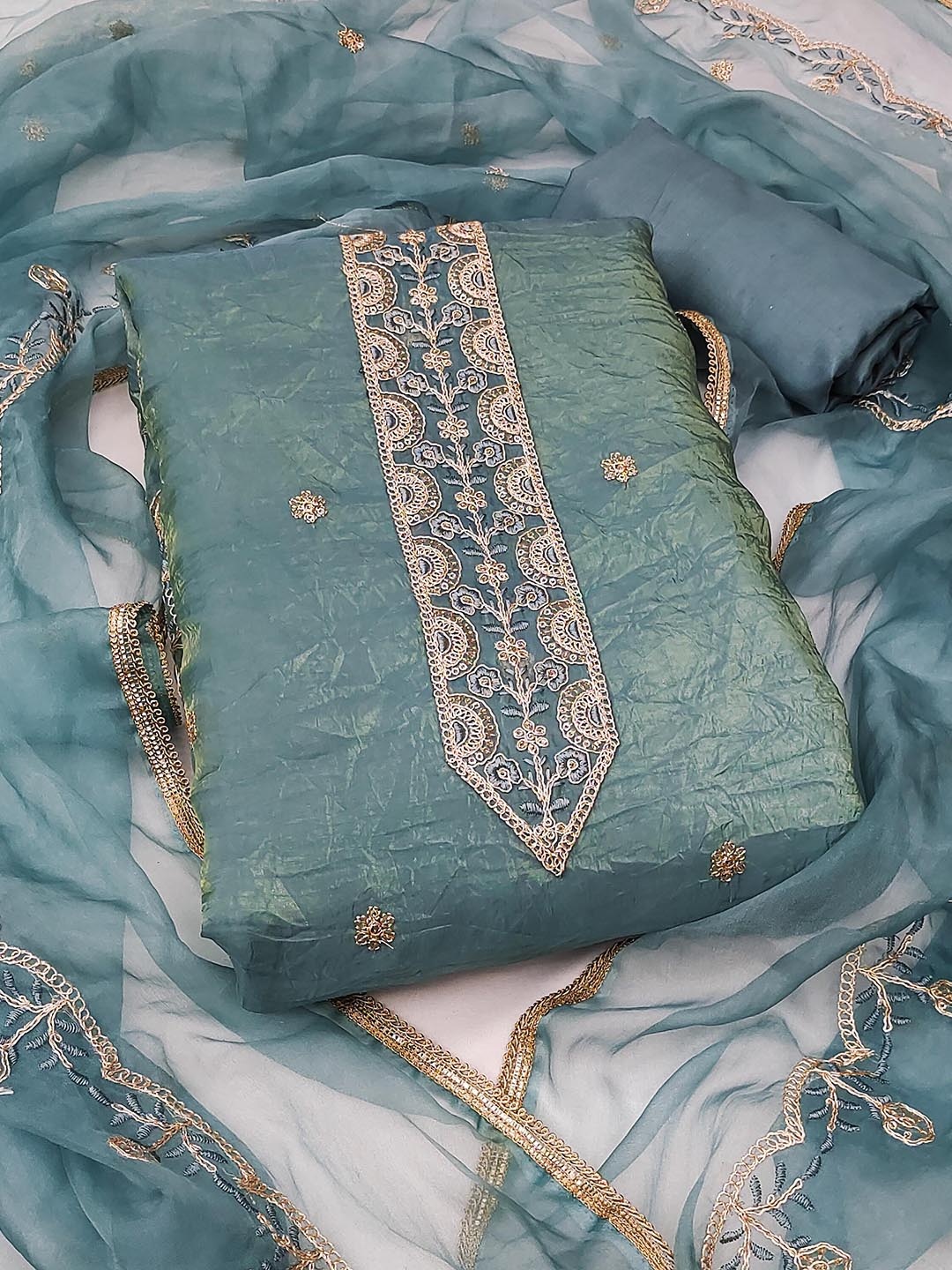 

KALINI Embroidered Pure Silk Unstitched Dress Material, Sea green