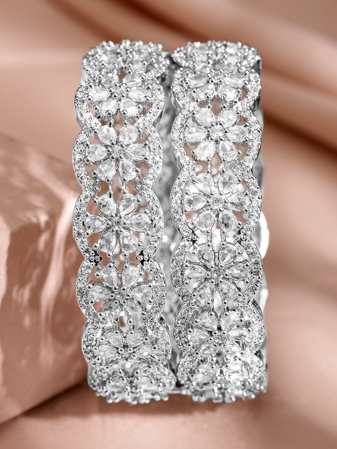 

Rubans Set of 2, 22K Gold-Plated & Rhodium Accent Cubic Zirconia Studded Bangles, Silver