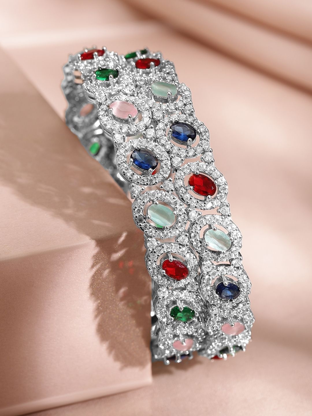

Rubans Rhodium-Plated Multicolor Cubic Zirconia Studded Premium Bangles, Silver