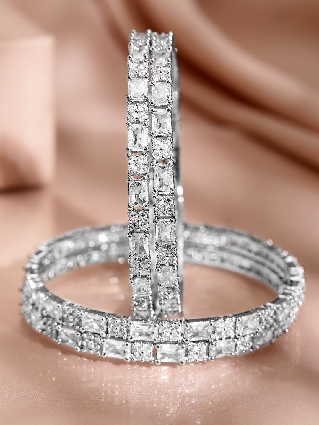 

Rubans Set of 4 Rhodium-Plated Silver-Tone Cubic Zirconia Studded Premium Bangles