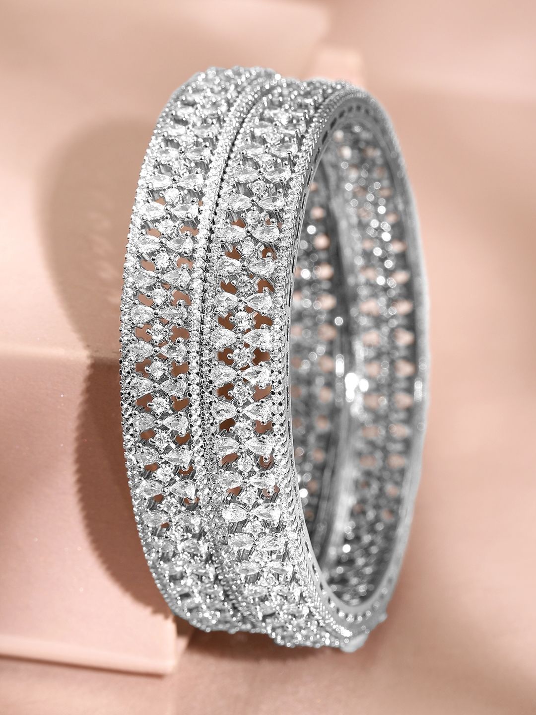 

Rubans Set of 2 Rhodium-Plated Silver-Tone Cubic Zirconia Studded Elegant Bangles Set