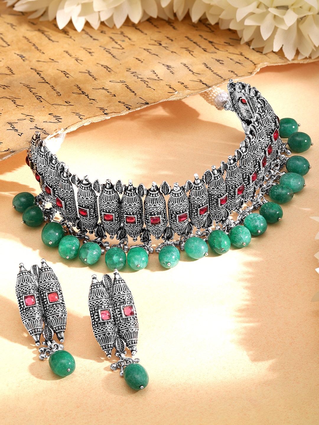 

Rubans Oxidised Silver-Plated Green Beaded & Pink Stone Studded Choker Set